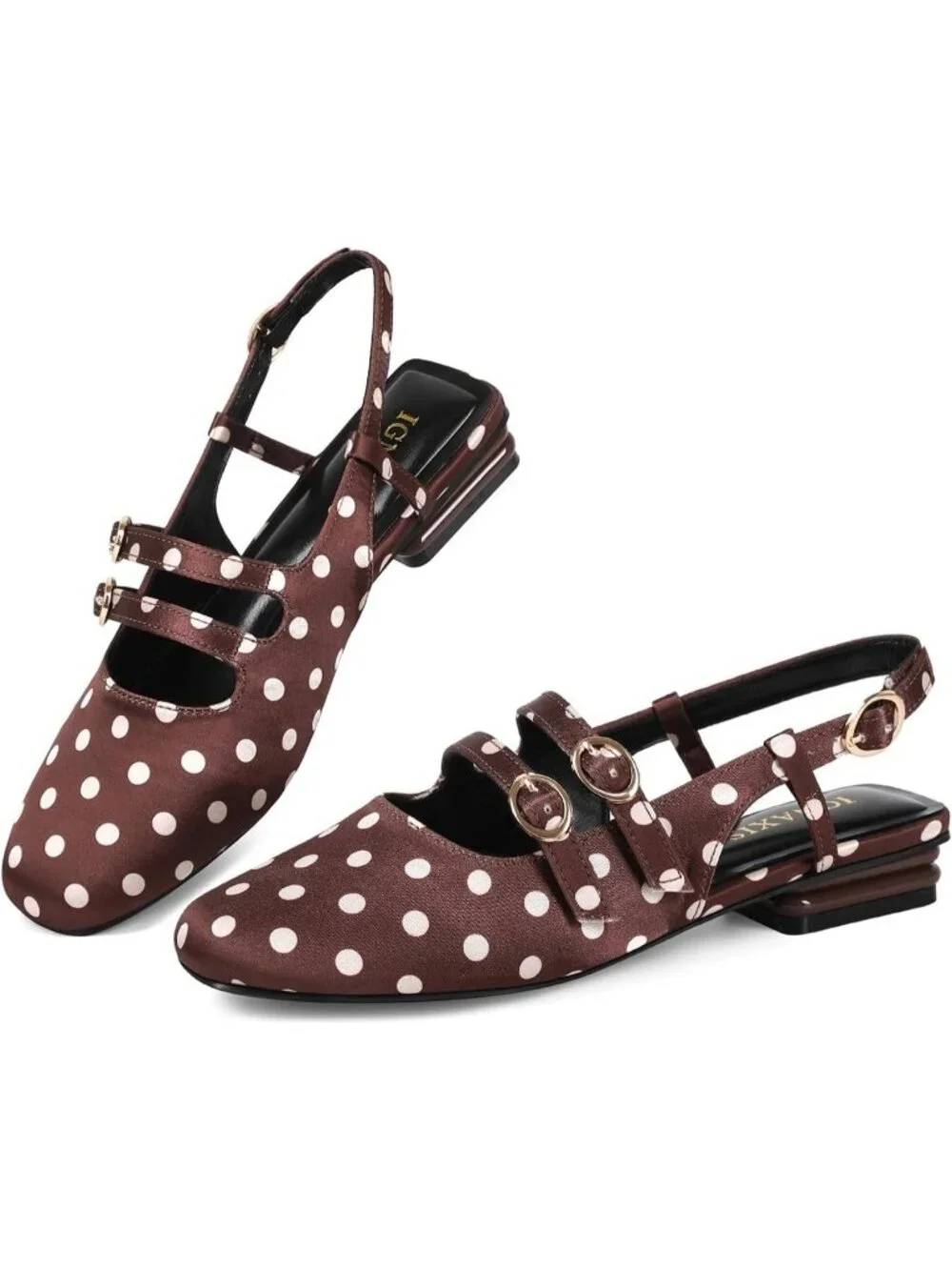 Women's Brown Dot Closed Square Toe Strap Slingback Low Heels for Party Pumps